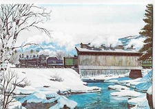 NOS LEANIN' TREE Christmas Card 7.25x5.5 Train New Snow 4 a Holiday Journey