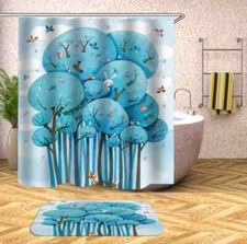 Blue Lush Trees 3D Shower Curtain Polyester Bathroom Decor Waterproof