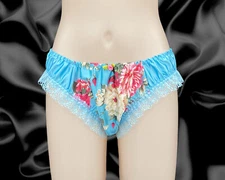 Aqua Blue Floral Satin Frilly Sissy Panties Bikini Knicker Underwear Size 10-20