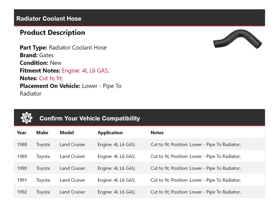 Portões de mangueira de líquido de arrefecimento do radiador Toyota Land Cruiser 1988-1992 1989 1990 1991 - Imagem 2 de 4