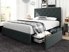 Queen Platform Bed Frame with 4 Storage Drawers & Adjustable Headboard, Grey
