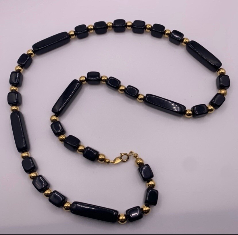 Classy Signed Trifari TM Black Rectangular & Gold… - image 1