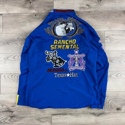 Camisa Rancho Semental Estilo Reparo Blue En Manga Larga Button-Up