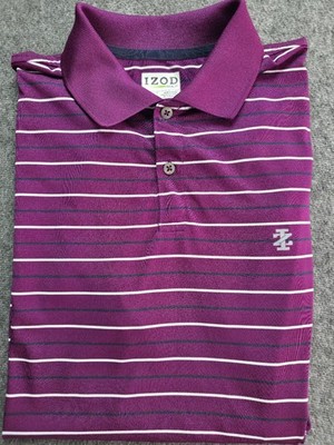 Mens Medium Izod Golf Polo Shirt Purple White Striped Short Sleeve Button