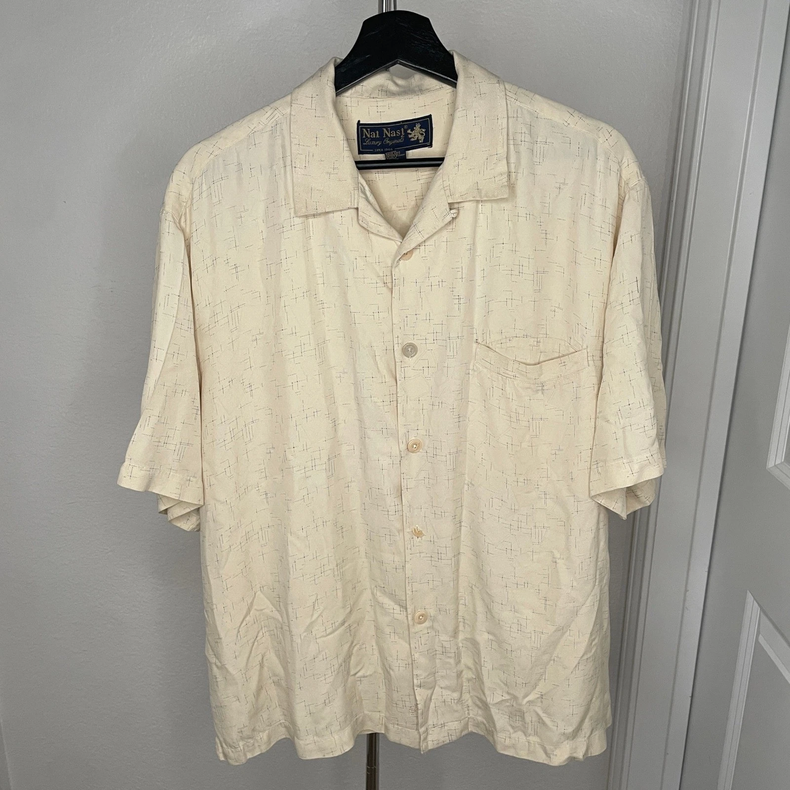 Nat Nast Silk Shirt Yellow Pattern Button Up Men's Large Beach Vacation Summer