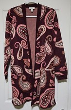 Denim Co D Co Heritage Paisley Jacquard Open Front Cardigan Sweater Medium