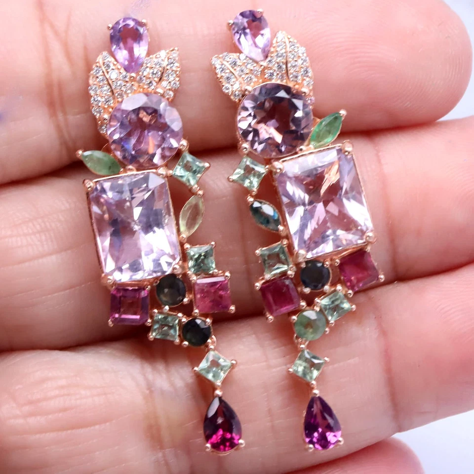 925 Silver 8x11MM. Pink Kunzite, Topaz, Amethyst, Rhodolite, Peridot,.. Earrings - Image 2 of 4