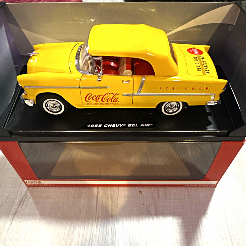 Coca-Cola 1955 Chevy Bel Air Diecast Model Car w/ Display Case Yellow/Red/White