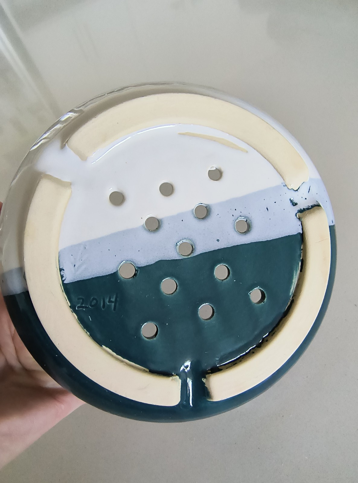 Colander Berries Pittery Bowl  Strainer Ceramic White Green 6.25" 