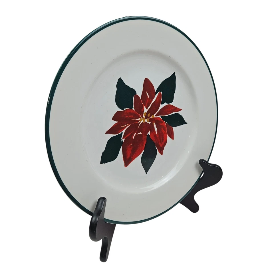 Set of 8 Furio Christmas Poinsettia Dinner Plates Decorative Holiday Green Rim - Image 2 of 4
