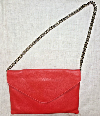 J. Crew Red 100% Leather Envelope Shoulder Bag Clutch Chain Strap Purse J Crew