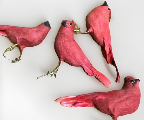 VTG Lot (4) Red Cardinals Real Feathers Feet Wired Ornaments Realistic Birds - Picture 4 of 11