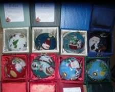 "Li  Bien " PIER 1 Glass Christmas Ornaments Set of 8 Snowmen, Santa, Snow Fun