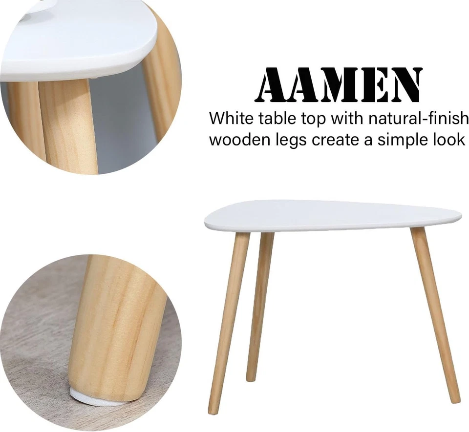 Nesting Coffee Tables White Set of 2 Modern Triangle Side Table Pine Legs - Image 2 of 4