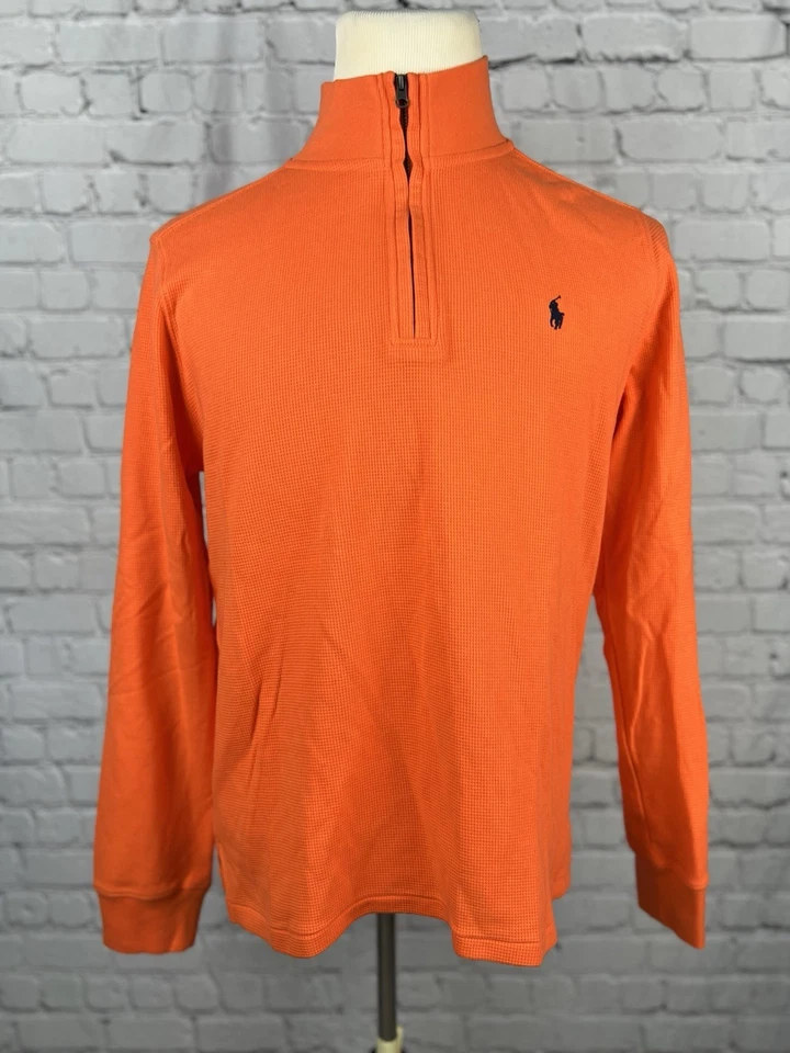 Suéter Polo Ralph Lauren 1/4 Cremallera Tejido Hombres XL 18-20 Naranja 100% Algodón Logo Foto 2 de 4