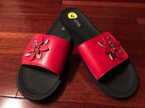 NWOB Michael Kors Heidi Red Embellished Floral Slide-On Sandals sz 9M