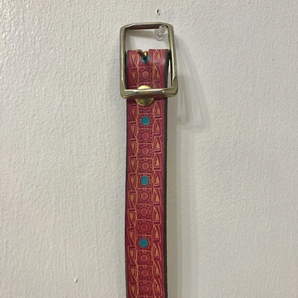 Womens Belt Multi Color Red Blue Brown Leather 46”Long Gold Tone Buckle Adjusts - Image 4 of 4