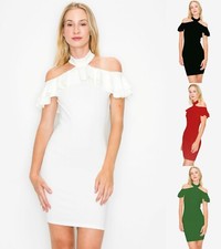Off Shoulder Halter Dress Mini Bodycon Bust Ruffle Neck Button LD2222
