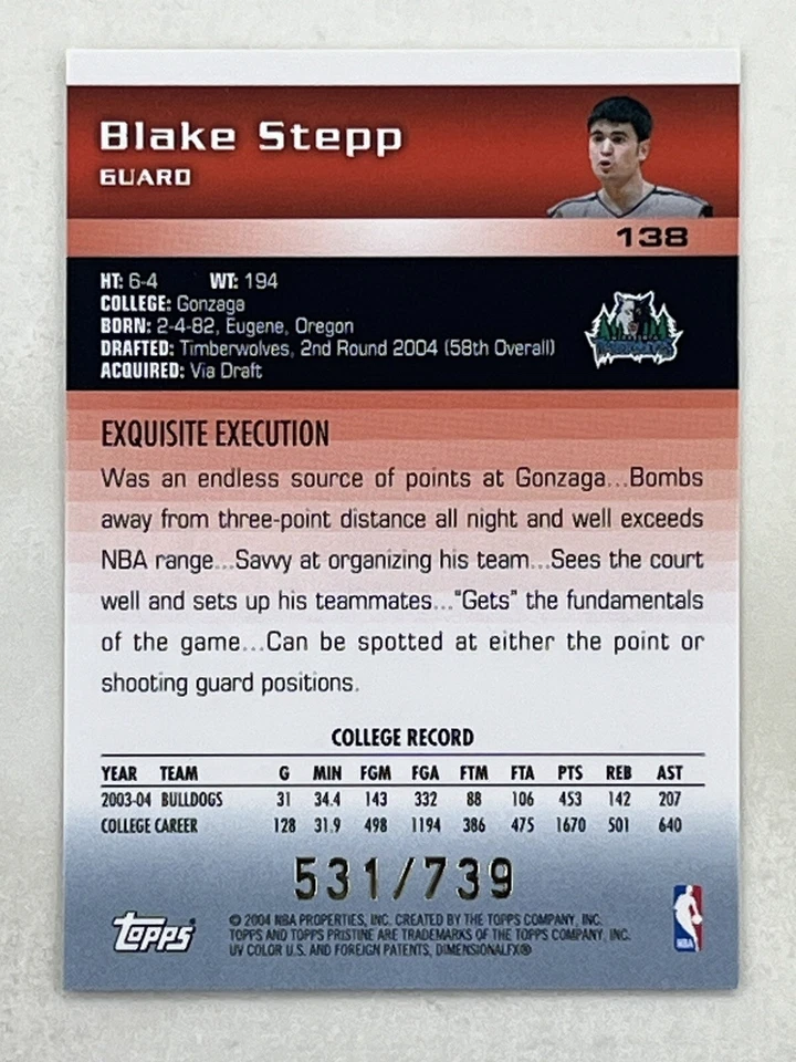 Blake Stepp 2004-05 Topps Pristine RC /739 #138 NBA Timberwolves Trading Card - Image 2 of 2