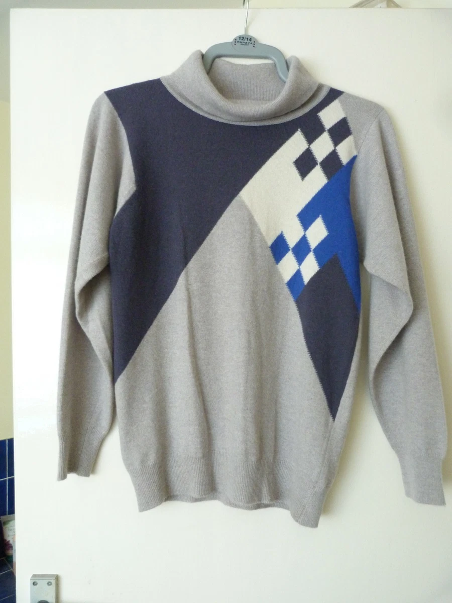 Vintage 80s Pringle 100 Cashmere Cowl Neck Intarsia Sweater Size 34