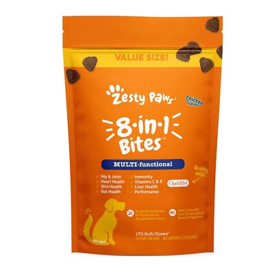 ZESTY PAWS 8 IN 1 MULTIVITAMIN PROBIOTIC GUT HEALTH BITES FOR DOGS CHICKEN 170CT