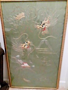 Large Antique Chinese Export Green Silk Gold Thread DRAGONS Embroidery