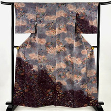 Japanese kimono"TUKESAGE" SILK,Chirimen,Shading dye,Masuiwaya,Plants L5'3"..4732