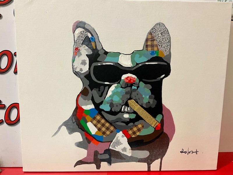 Oil painting 20 x 24”, dog wearing sunglasses and smoking, modern art,multicolor