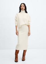 NWT MANGO MNG ECRU RIBBED KNIT MIDI SKIRT SZ M MEDIUM
