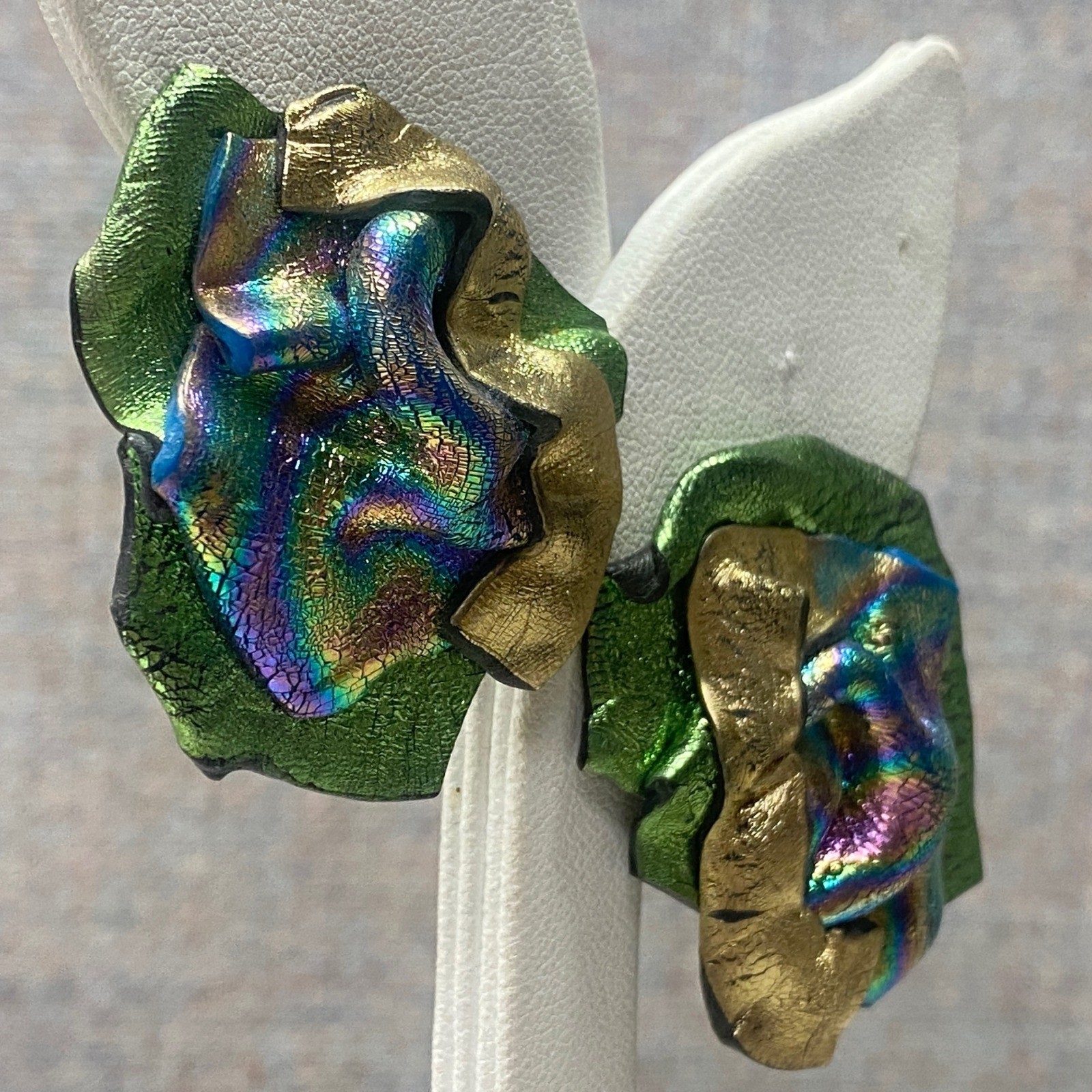 Artisan Foil Clay Leaf Statement Earrings Green G… - image 2