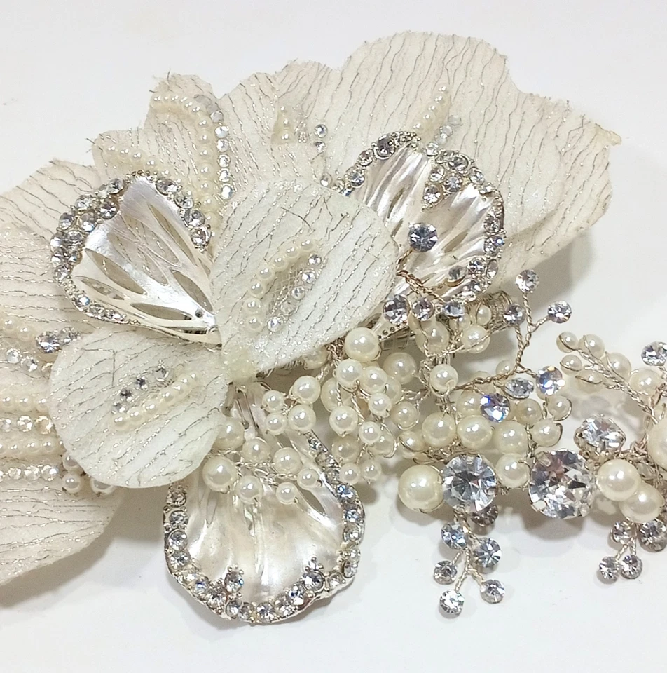 Davids Bridal Floral Headpiece with Pearls and Crystals Hair Clip Formal Prom - Image 3 of 4