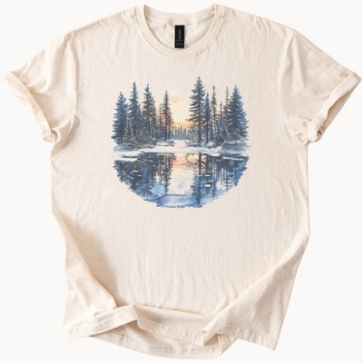 Pine forest lake landscape graphic shirt watercolor sunset outdoors nature art t