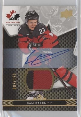 2018 Team Canada Juniors Premium Swatch 92/125 Sam Steel #13 Rookie Auto RC a3i