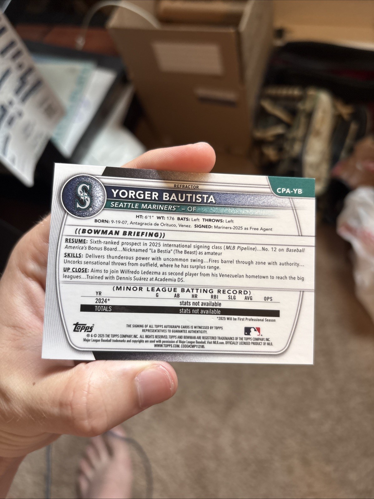2025 Bowman Chrome Yorger Bautista Refractor Auto /499 Mariners 1st view 5