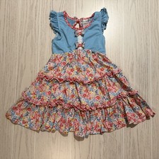 Jona Michelle Dress Girls 5 Blue Floral Stripe Tiered Ruffle Bow Sundress GUC