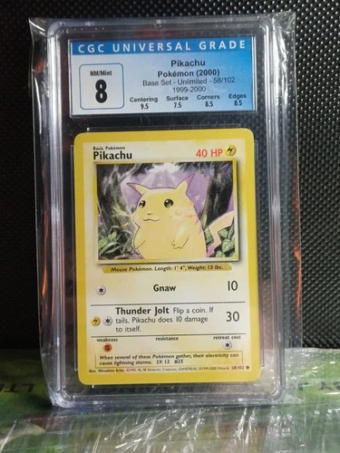 CGC 8 Fourth Print 1999-2000 Pokemon Card Base Set Pikachu 58/102 blue Label 4th