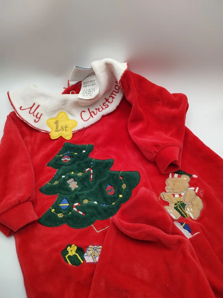 Pijama Footie Vintage Veludo Verde Anos 90 Bebê "Meu Primeiro Natal" 3-6 Meses - Imagem 2 de 4