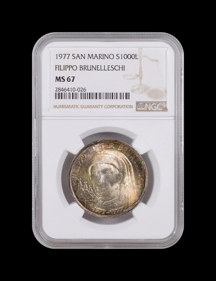 SAN MARINO. 1977, 1000 Lire, Silver - NGC MS67 - Top Pop 🥇 Brunelleschi 🌈 Tone - Image 2 of 4