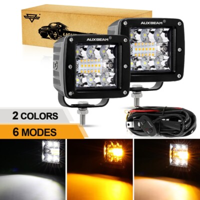 AUXBEAM 2X 3''inch LED Work Lights Cube Pods Strobe Amber White For Jeep Offroad