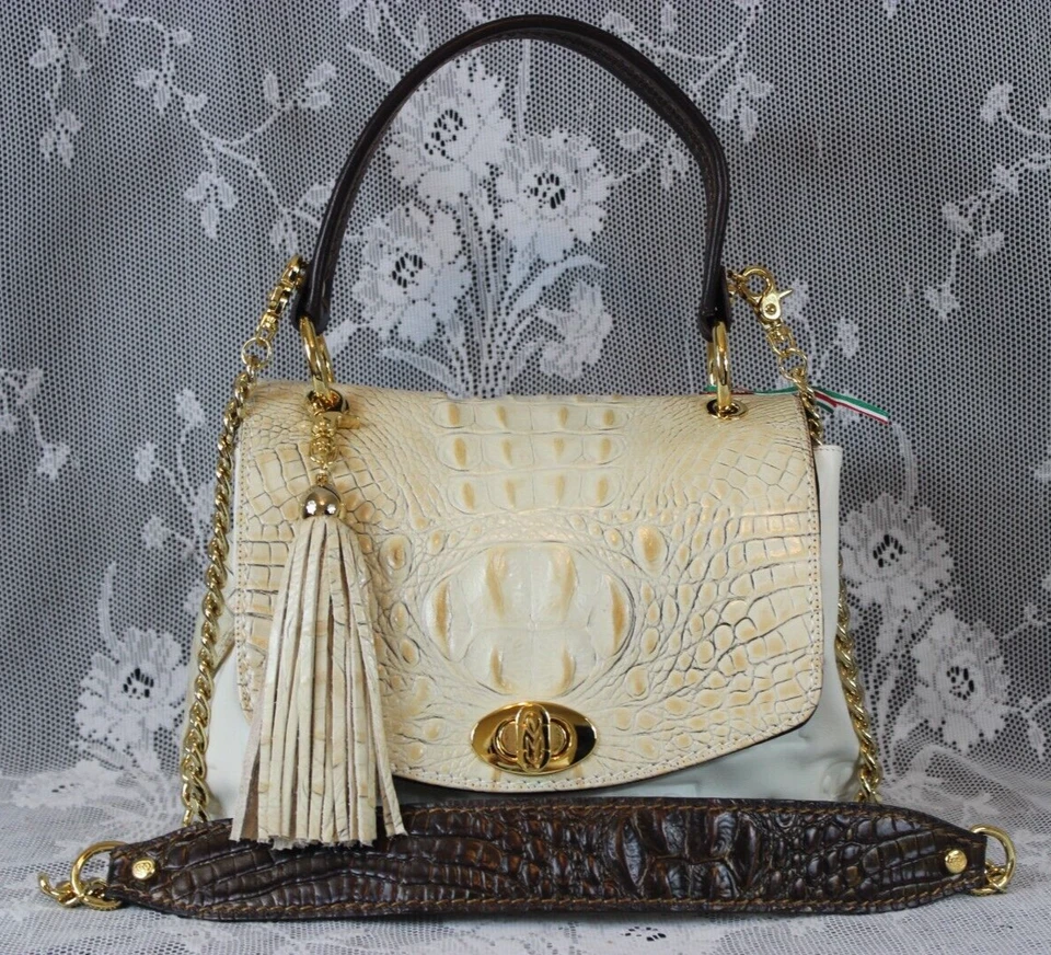 Marino Orlandi, Bolso de Mano de Cuero Blanco y Beige en Relieve Firma, Eslinga - Nuevo con Etiquetas