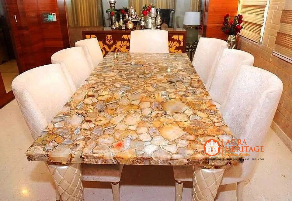 Agate Stone Top Center Dining Table, Handmade Furniture, Mid Century Modern Arts - Image 3 of 3