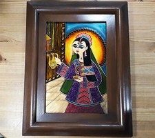 Kleines orientalisches Bleiglasbild, Dame mit Krug, Kalligraphie, gerahmt