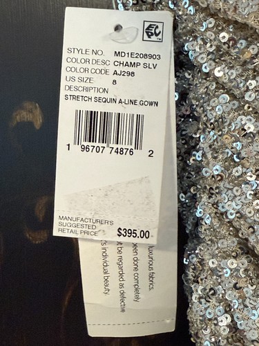$395 Aidan Mattox Stretch Sequin Sleeveless Cowl Neck Gown | Champagne Silver 8 - Picture 17 of 21