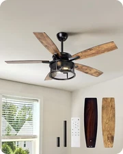 EDISHINE Rustic Ceiling Fan with Light and Remote, 5 Wooden Blades Lighting Time