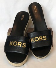 Michael Kors Brady Platform Slides Black Leather Gold Logo 3" Rope Heel 11