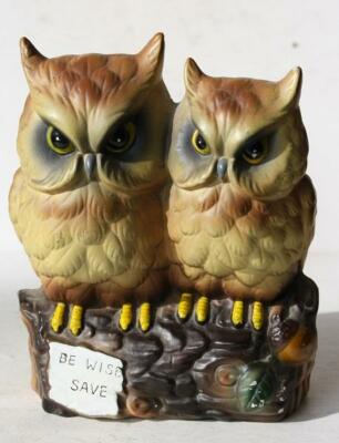 Owl Figurine Double Owls Be Wise Save Coin Bank Ceramic Porcelain Hand Painted +