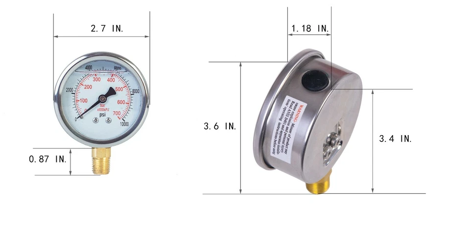Pressure Gauge,Glycerin Filled,2-1/2" Dia,0-10000 psi,1/4 NPT lower mount - Image 4 of 4