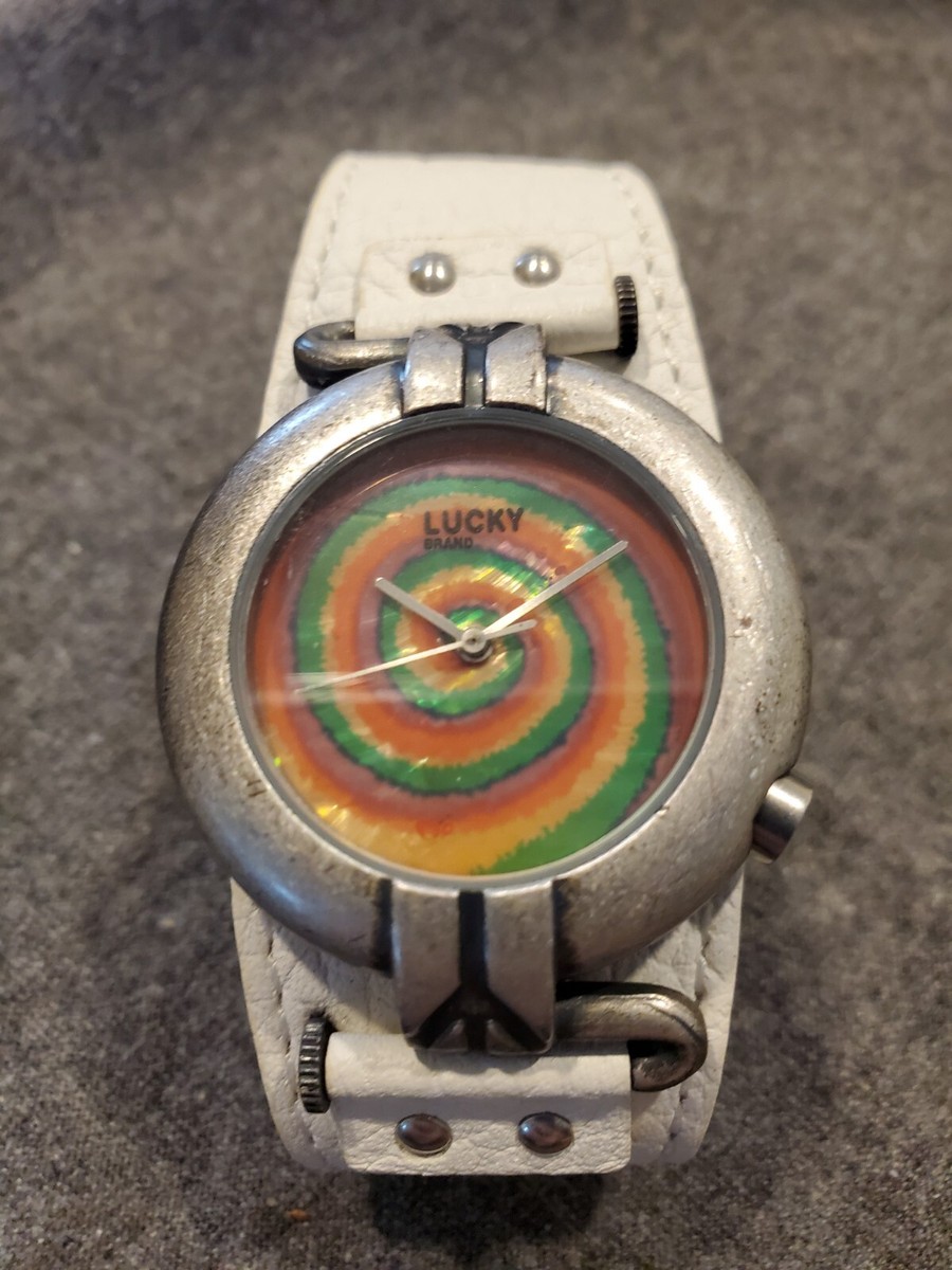 VINTAGE LUCKY BRAND MOD UNISEX WRISTWATCH, WHITE LEATHER BAND