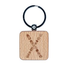 Elegant Botanical Floral Letter X Engraved Wood Square Keychain Tag Charm