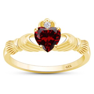 Authentic Claddagh Promise Ring Simulated Garnet 14K Yellow Gold Plated Sterling Silver